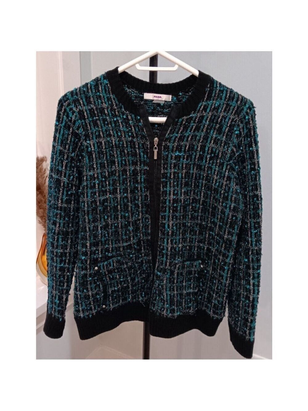 Alia Medium Womens Zip Up Sweater Slight Sparkle Green And Black Pattern - Cute!